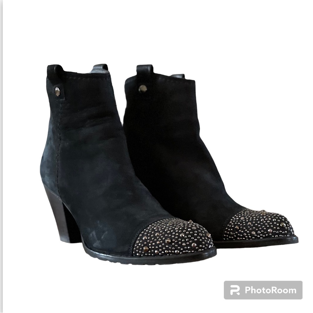 Stuart Weitzman Stud Toe Black Suede Booties, 3 inch heel, back zip, size 6.5